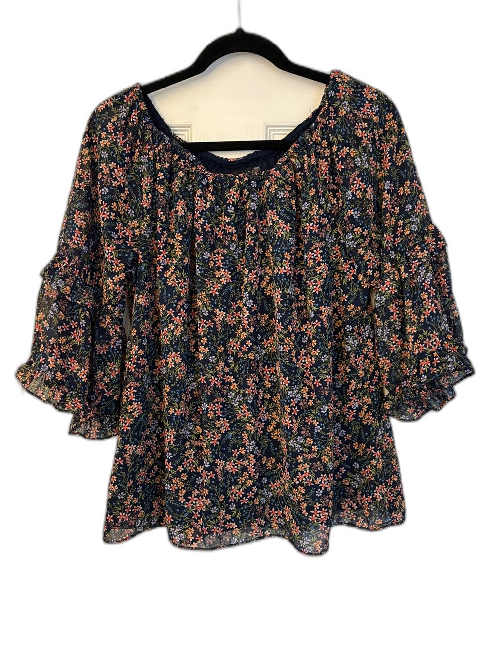 1.STATE Floral Off-Shoulder Ruffle Sleeve Blouse Navy Blue Pink Size L Cottage